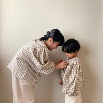 2020 Ins Japoneză și coreeană de Toamnă Bărbați și Femei Baby Lenjerie de pat din Bumbac Carouri Liber Maneca Lunga Camasa Casual, Sacou Neutru