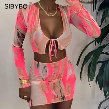 Sibybo Sexy Ochiurilor Vedea, Deși Imprimare Seturi Din Două Piese Femeile Bandaj Culturilor Top Si Fusta Seturi De Potrivire Toamna Tinute Streetwear 2020
