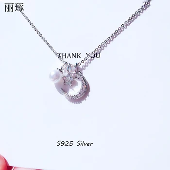 S925 metalr inițială colier de sex feminin stele luna incrustate cu cristale de zircon colier de perle dulce Japonia și Coreea de Sud