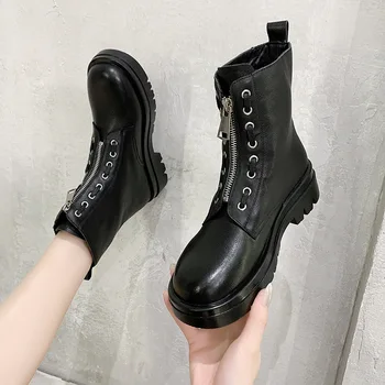 Fata cu Fermoar Glezna Cizme pentru Femei de Moda Pătrat Negru Toc Non-alunecare de Glezna Cizme Toamna anului Nou Stil Dantela Casual din Piele Pantofi pentru Femei