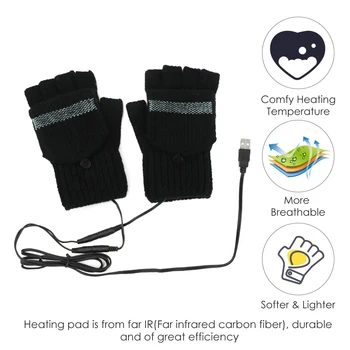 Iarna Jumătate-deget Mănuși Transforma Lână Cald Mănuși de Degete USB Încălzire Detașabil Și Lavabil Mănuși pentru Femei
