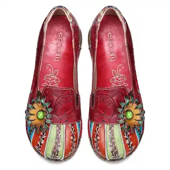 SOCOFY Retro Floral Relief din Piele Fund Gros Casual Slip Pe o Singură Pantofi Femei Pantofi Botas Mujer 2020