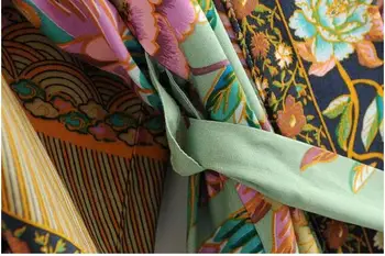 Etnice V gât Păun Floare de Imprimare Mult Kimono Tricou Bohemeian 2018 Siret Cu Eșarfe Cardigan Lung Bluza Vrac Topuri