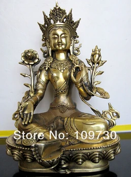 Transport gratuit Tibetan din bronz verde tara statuie a lui buddha 28cm